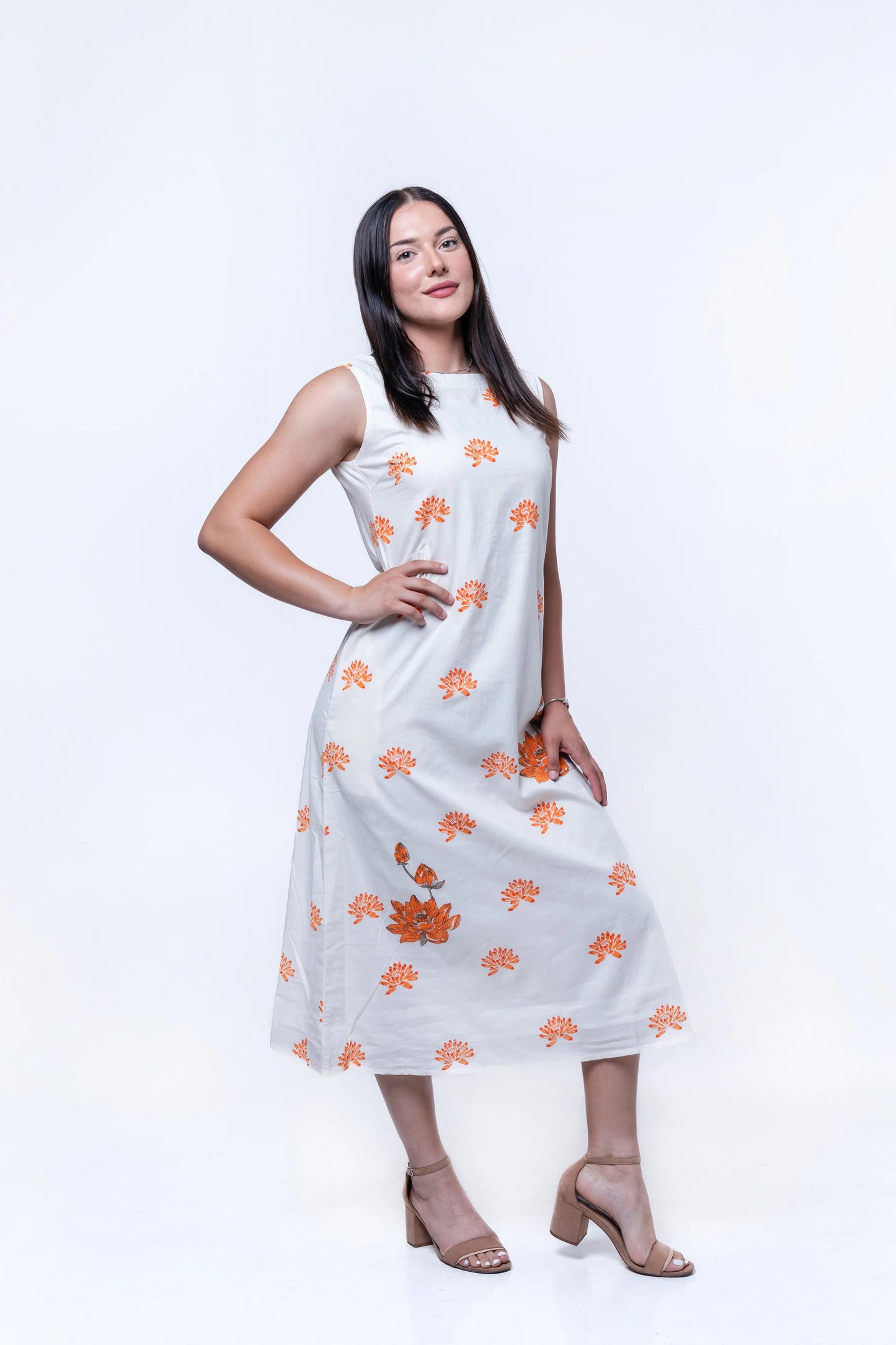 Solene - Handblocked Boat Neck Midi Dress