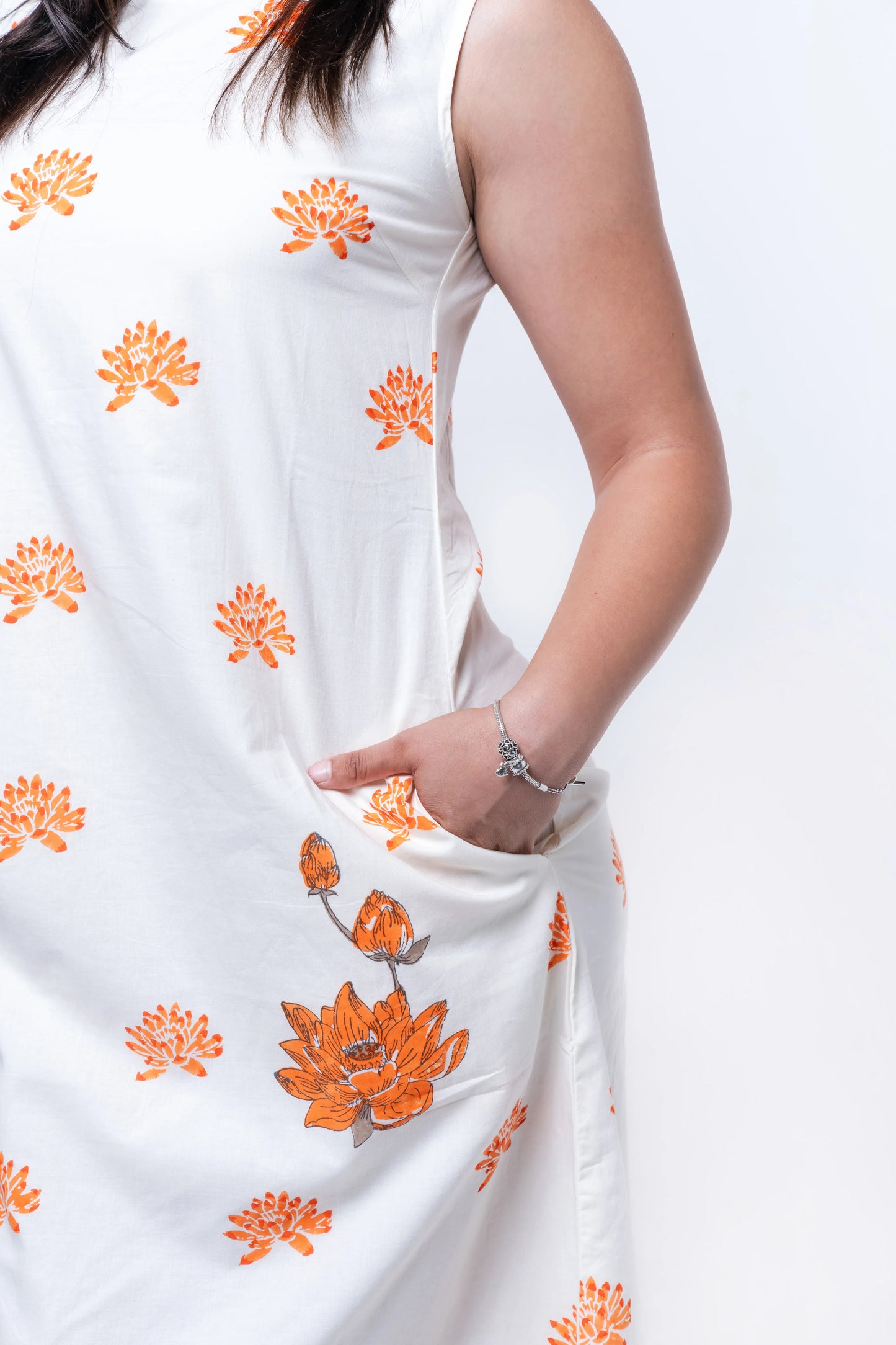 Solene - Handblocked Boat Neck Midi Dress