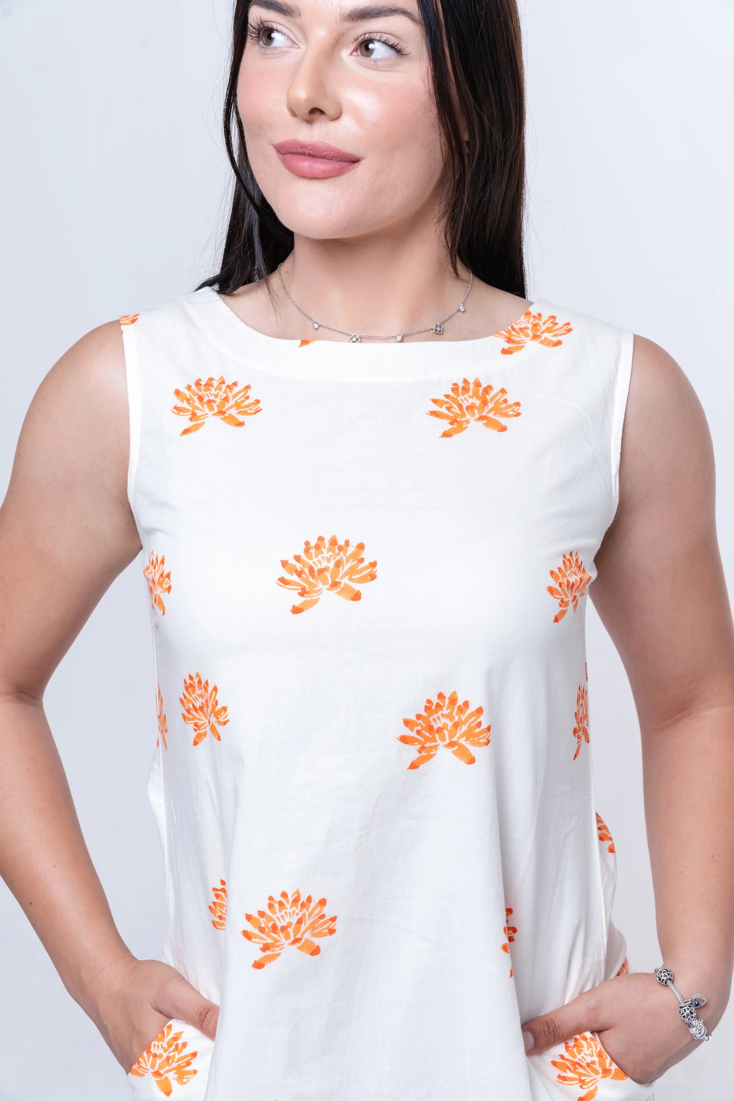 Solene - Handblocked Boat Neck Midi Dress