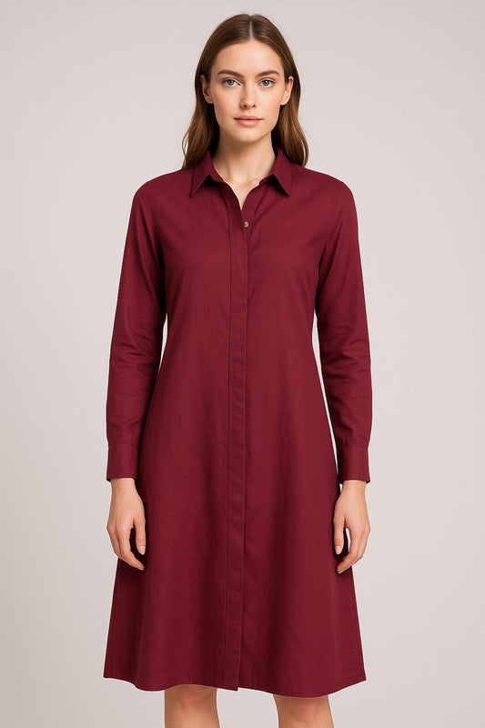 Garnet Cotton Flex Shirt Dress With Back Button Detail And Pockets