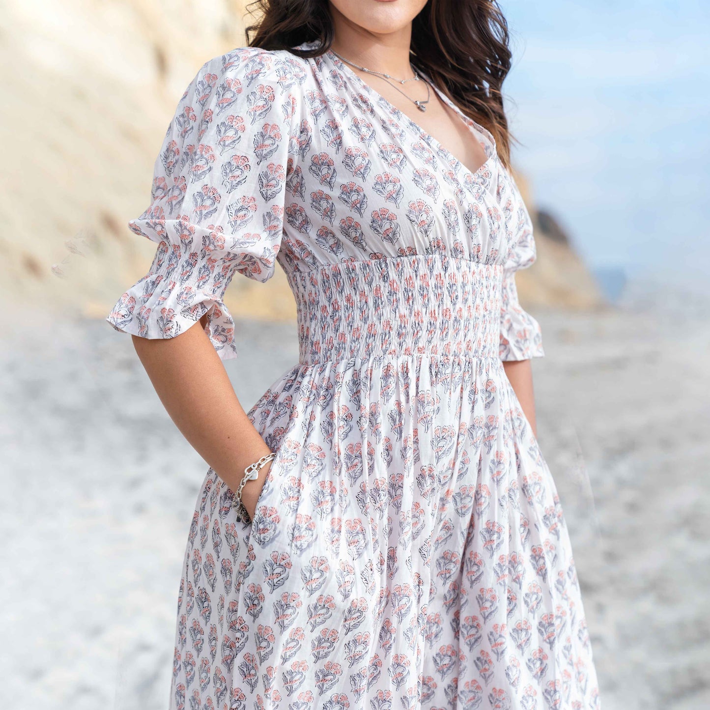 Lilienne - Handblocked Smocked Midi Dress