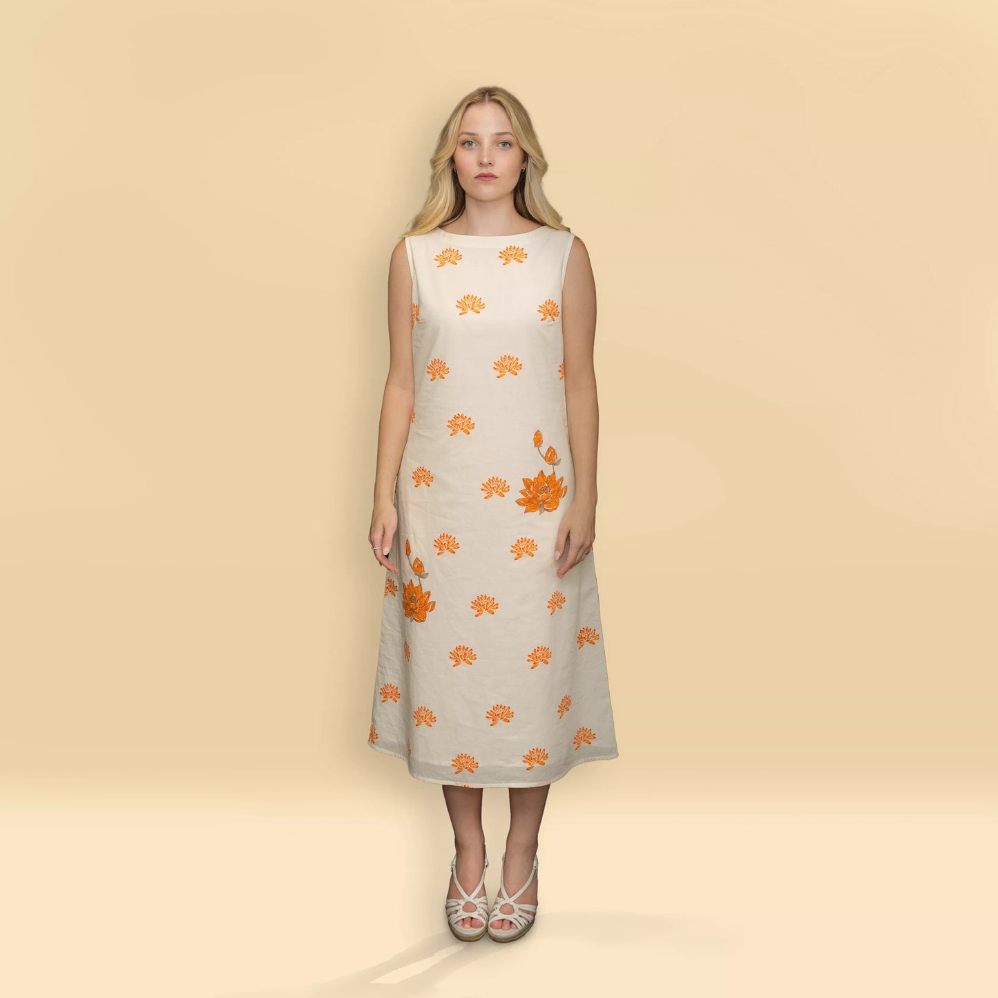 Solene - Handblocked Boat Neck Midi Dress